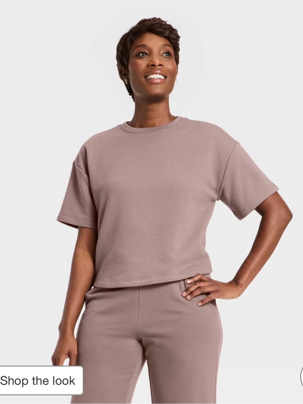 A New Day Women's French Terry T-Shirt & Wide leg Drawstring Pant Set, Taupe, XS